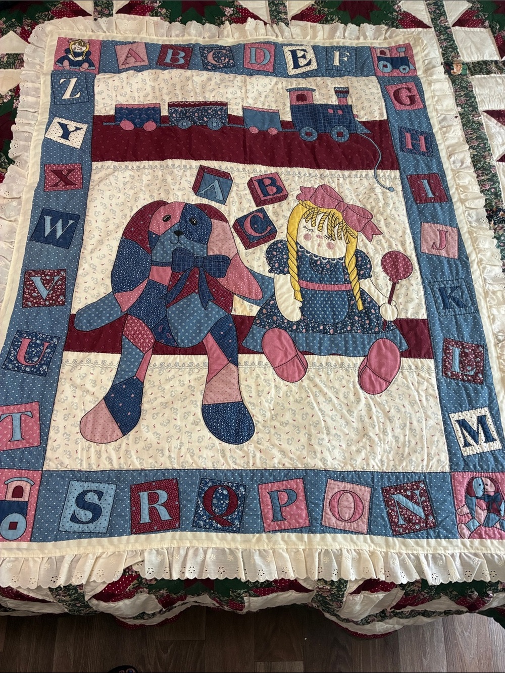 Handmade Doll & Elephant Patchwork Quilt in Blue, Pink, Cream